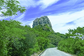 伊是名島南部の奇岩・「陸ギタラ」を望む外周道路